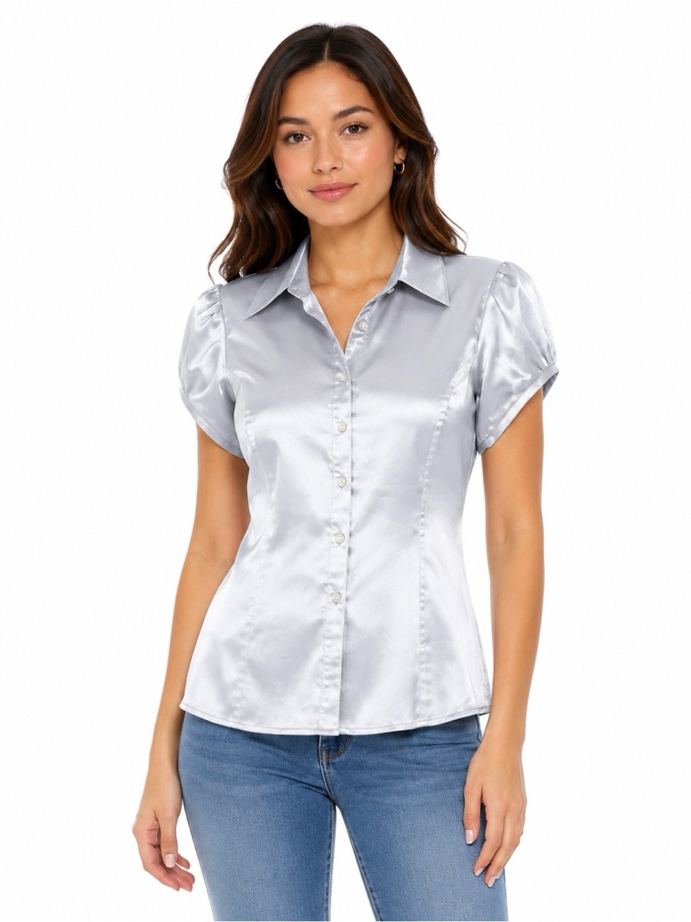 Mexx Silver Satin Short-Sleeve Button-Up Blouse